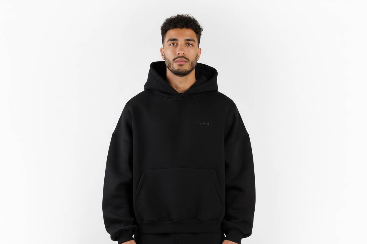 Upper body crop of black VYBE hoodie