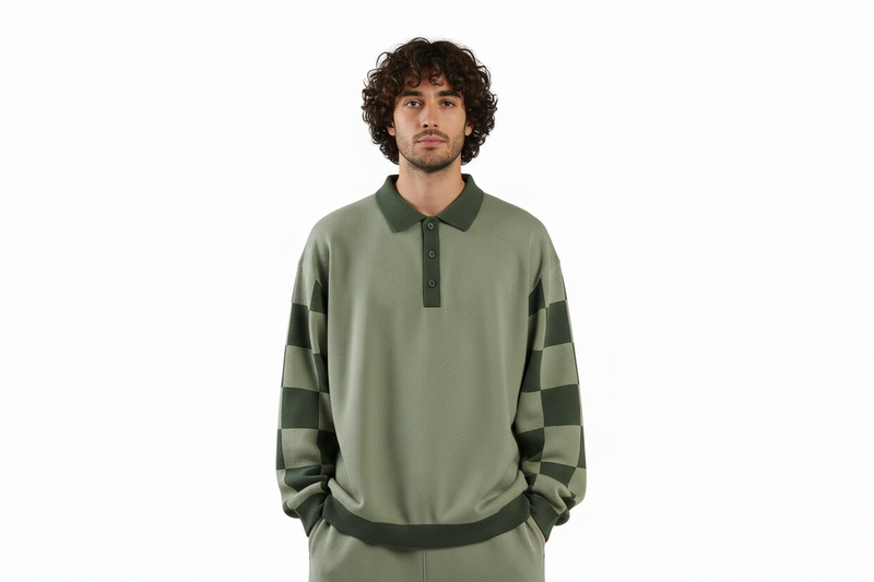 Upper body crop of olive green polo sweater