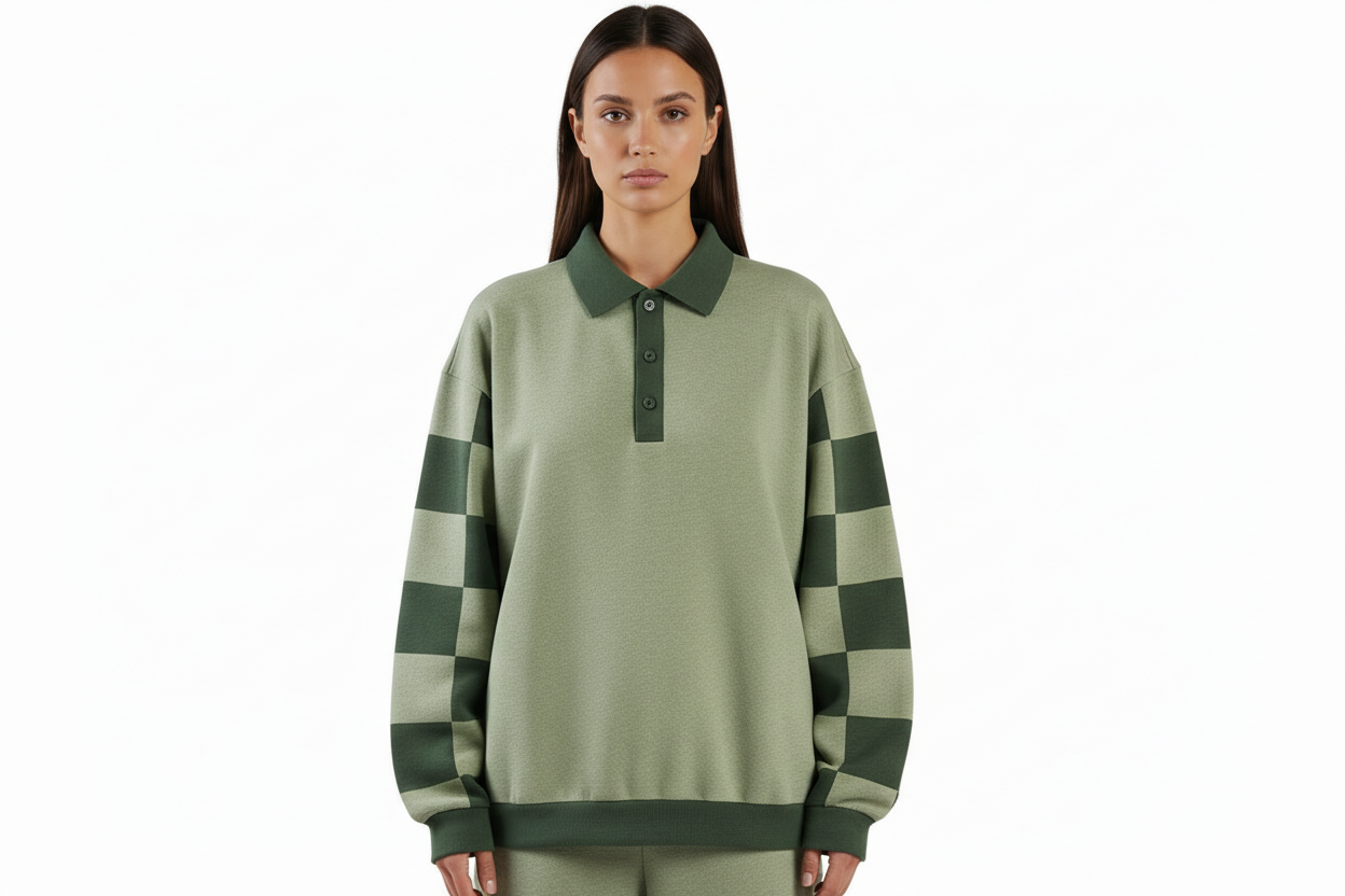 Upper body crop of olive green polo sweater